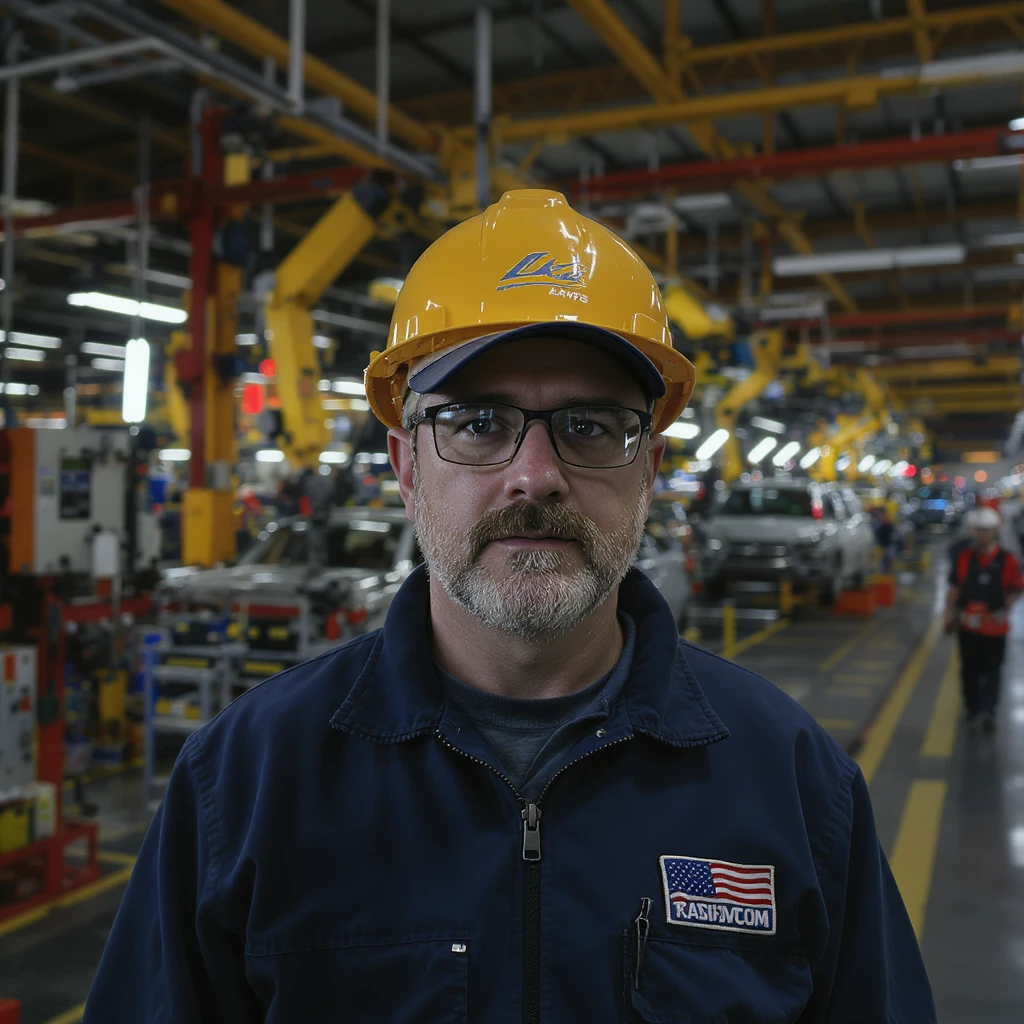 Realistic car factory, detailed machinery, industrial atmosphere, workers in uniforms, assembly lines with cars in production, realistic lighting and shadows, large warehouse-like structure with high ceilings, metal beams, and industrial equipment, realistic style emoji