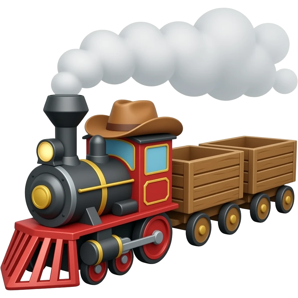 A icon showing a cartoon train with a cowboy hat pulling wagons emoji