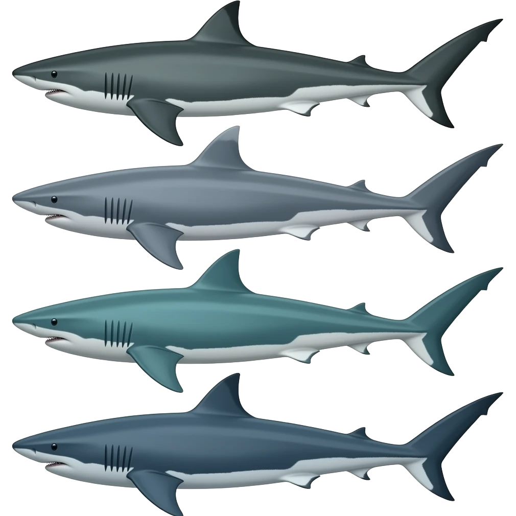 Tiger shark, hammerhead shark, thresher shark, and greenland shark emoji