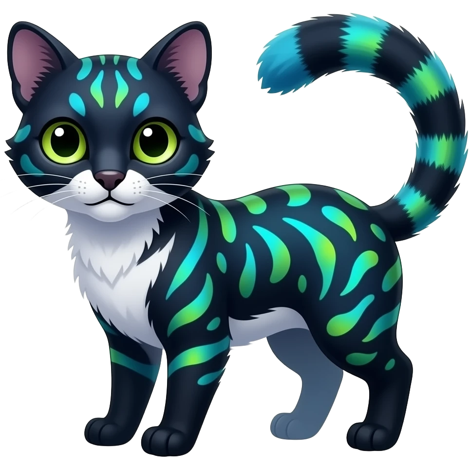 Colorful realistic  dark tropical gradient-colored cobalt-blue-obsidian-black-neon-green-gradients, with white underside, iridescent glorious divine exotic cute cool beautiful shiny fantasy-civet-genet-Fionbri-Cacomistle-Furret-civet-oncilla-animal-hybrid-fursona with pattern markings (full body) emoji