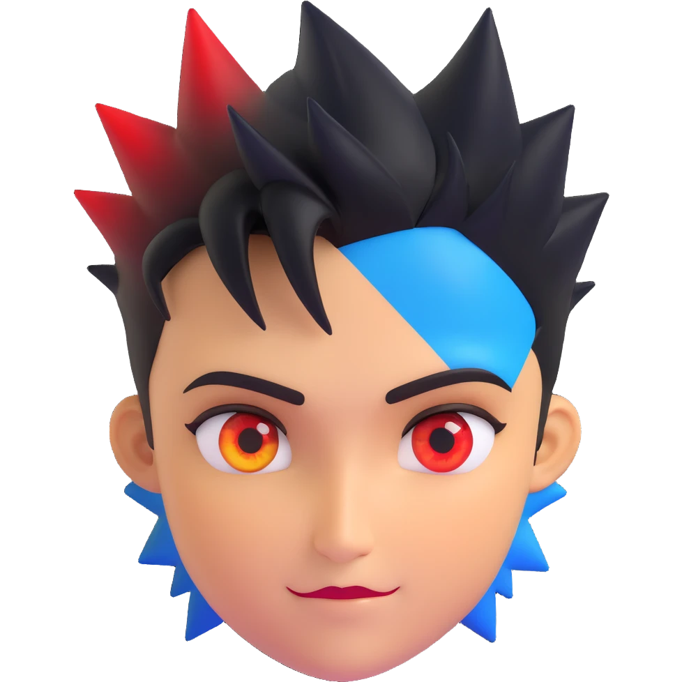 round emoji face left half black shadow, right half glowing golden, left eye intense red, right eye calm blue, confident tilted smirk, short spiky hair half black half golden, no background, silent power and confidence emoji