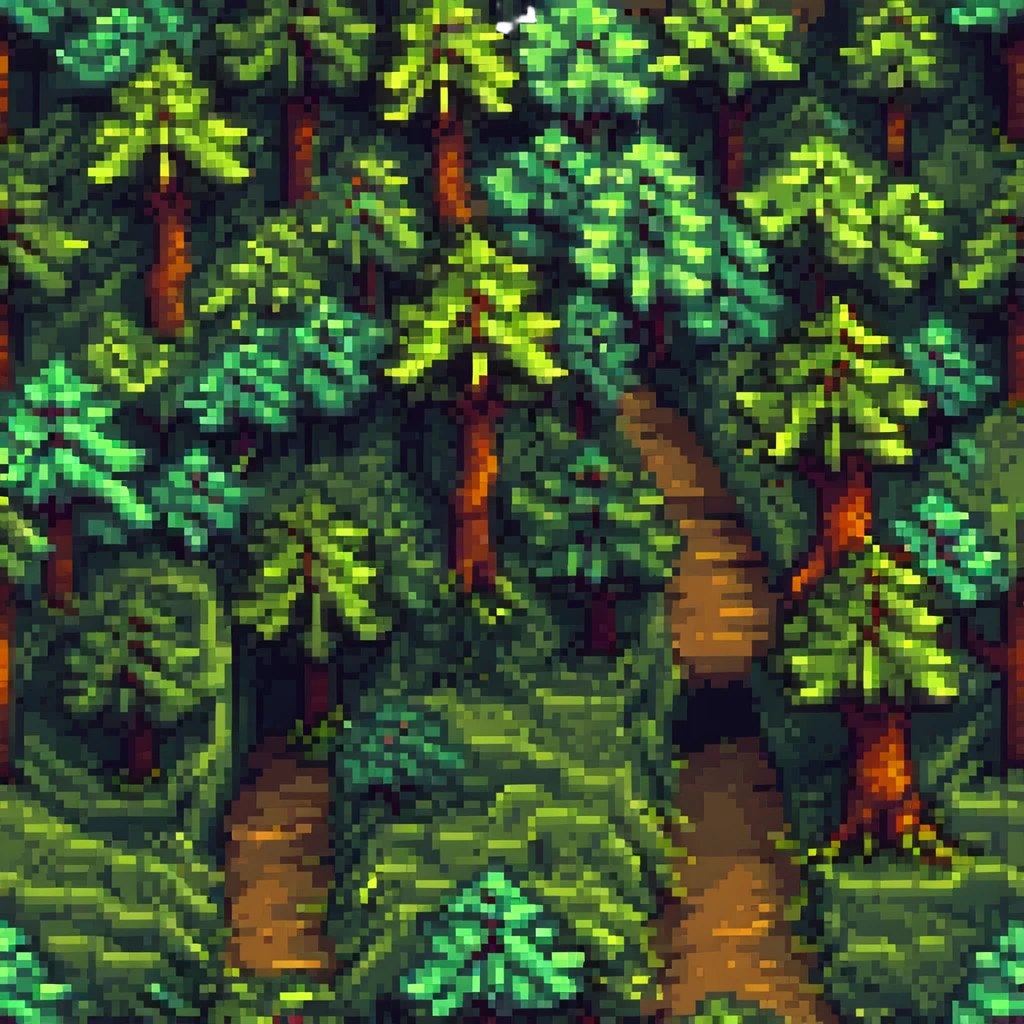 pixel art forest with blocky trees and a small path emoji