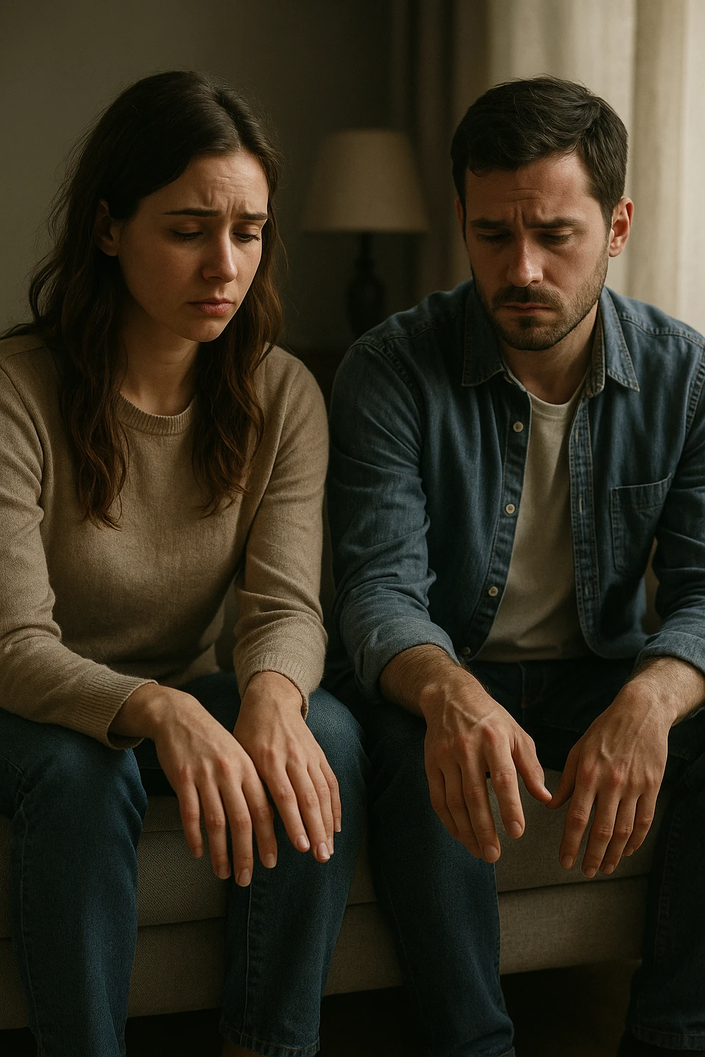 Vertical format: man and woman sitting apart on a sofa, sad looks but with one hand timidly reaching closer, atmosphere of tension but also hope for reconciliation, emotional and intimate scene emoji