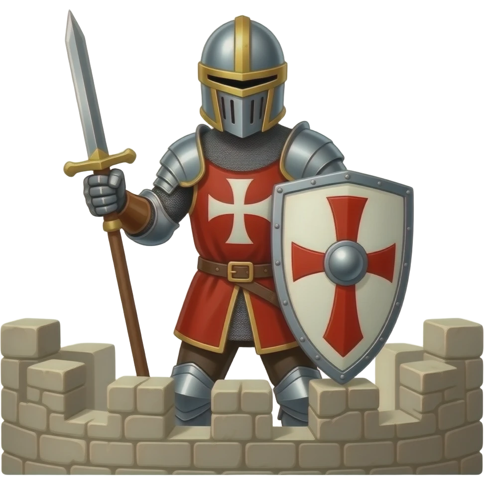 Un caballero templario con escudo blanco y rojodefendiendo un castillo emoji