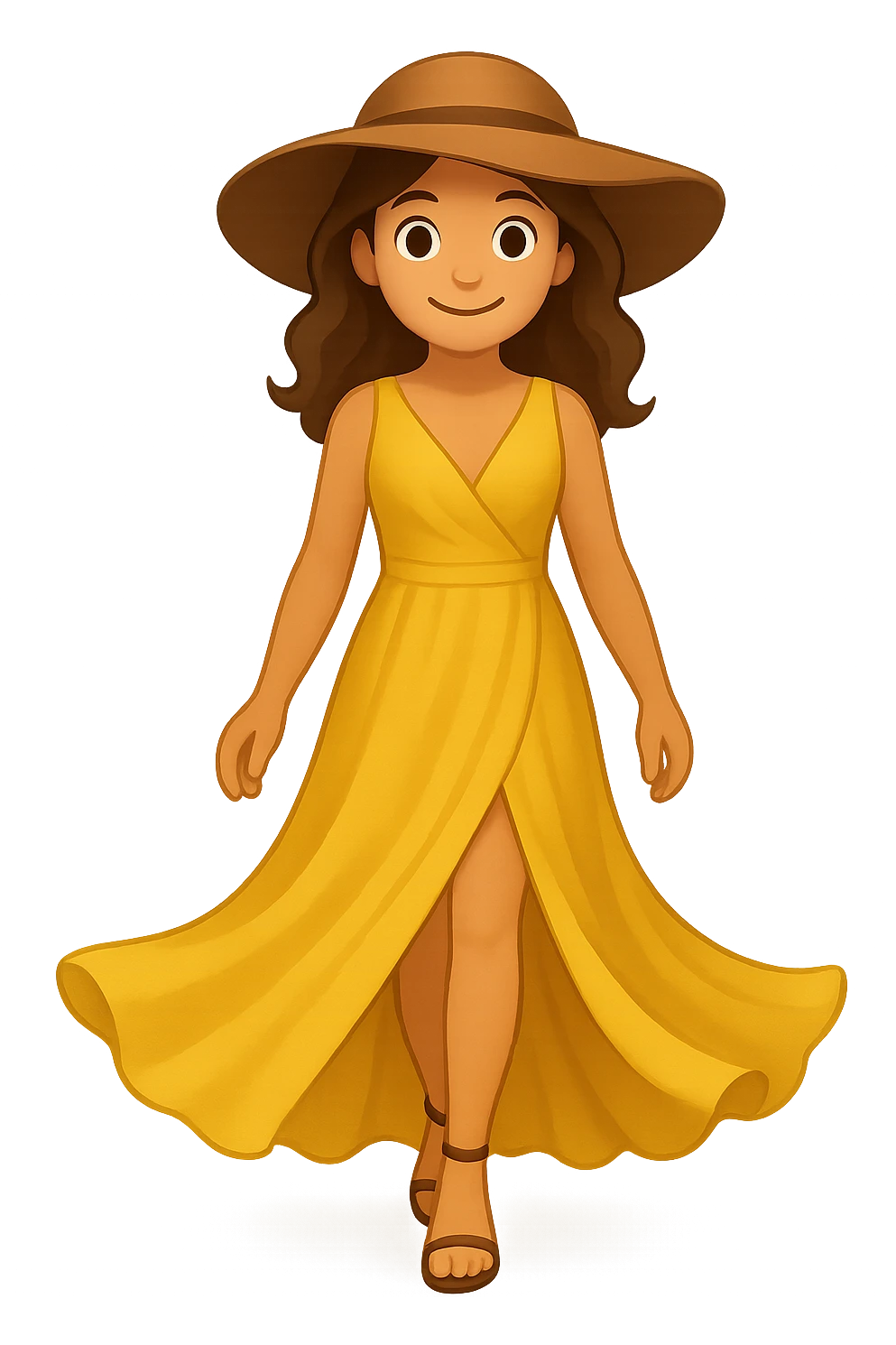 A model woman walking down a fashion runway in a beautiful dress with a wide brim hat that shows them grin a bit, emoji style emoji