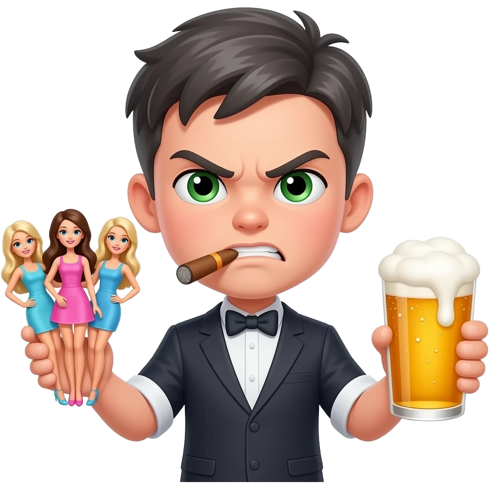 Little slim dark and grey hair boy with green eyes very arrogant Angry face, with a cigar, three barbies in one hand and a beer in another emoji