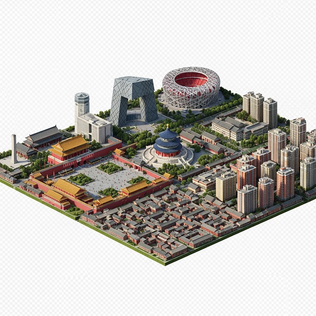 Isometric miniature of Beijing Forbidden City, Tiananmen Square, CCTV Headquarters, Temple of Heaven, Beijing National Stadium and crowded hutong alleys, sprawling apartment blocks, 3D miniature effect and Tilt Shift effect, no cartoonish look, transparent background. emoji