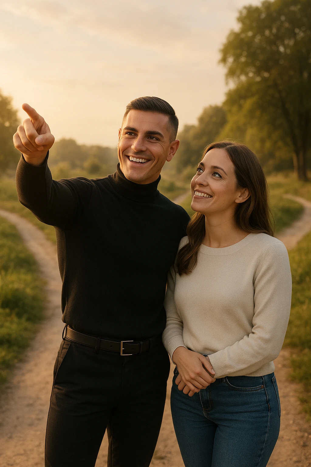 a couple stands at a crossroads, the man pointing confidently toward a direction while the woman looks at him with trust and optimism. Both are illuminated by soft, uplifting light, representing faith in each other’s strengths and the positive outcomes of working together. emoji