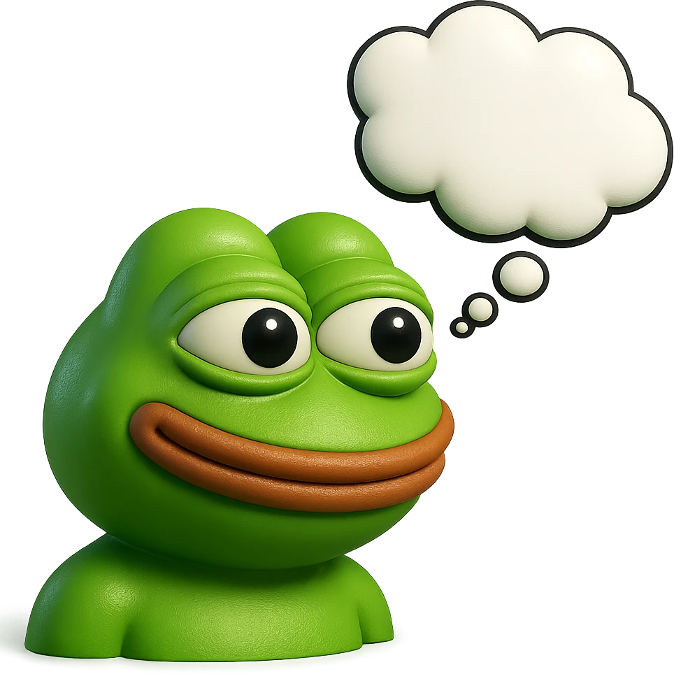 make a pepe in bright green smiling with thought bubble looking at right side in 3d style, good highlights and shadows, drop shadows emoji