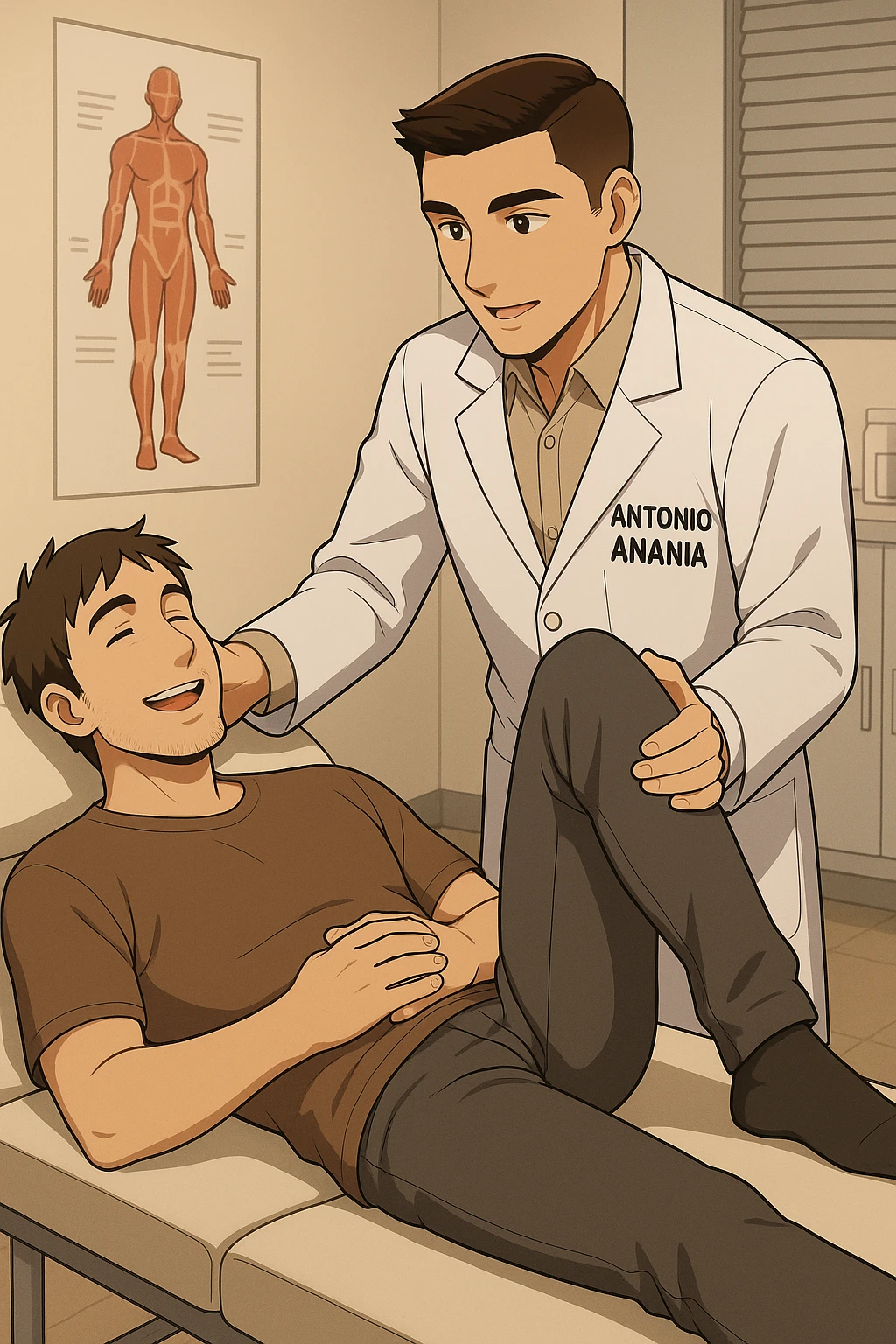 fai un webtoon manga a colori con questo stile, in cui un uomo è steso sul lettino medico e il kinesiologo con il camice bianco (fagli anche la scritta "ANTONIO ANANIA" SUL CAMICE, gli solleva una gamba per fargli il test neuromuscolare, IL KINESIOLOGO SPIEGA ALL'UOMO UNA cosa mentre gli alza la gamba. l'espressione dell'uomo è felice e soddisfatta, non fare i fumetti però, fai solo in modo che sembri stiano parlando, il lettino fai in modo che si veda tutto intero emoji