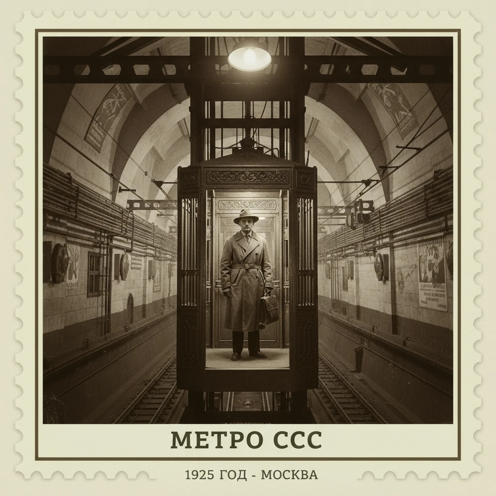 Человек в шляпе спускается в огромном лифте в метро. СССР 1920 годы

Стилизуй изображение под марку как на фото emoji