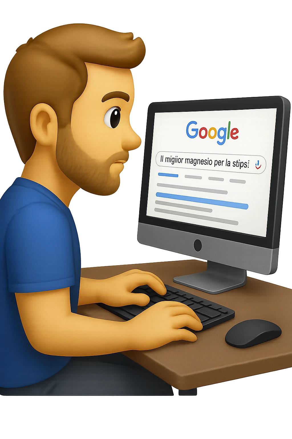 emoji stile iphone di un uomo davanti al pc che cerca di google: "Il miglior magnesio per la stipsi", iperrealistico 4k emoji