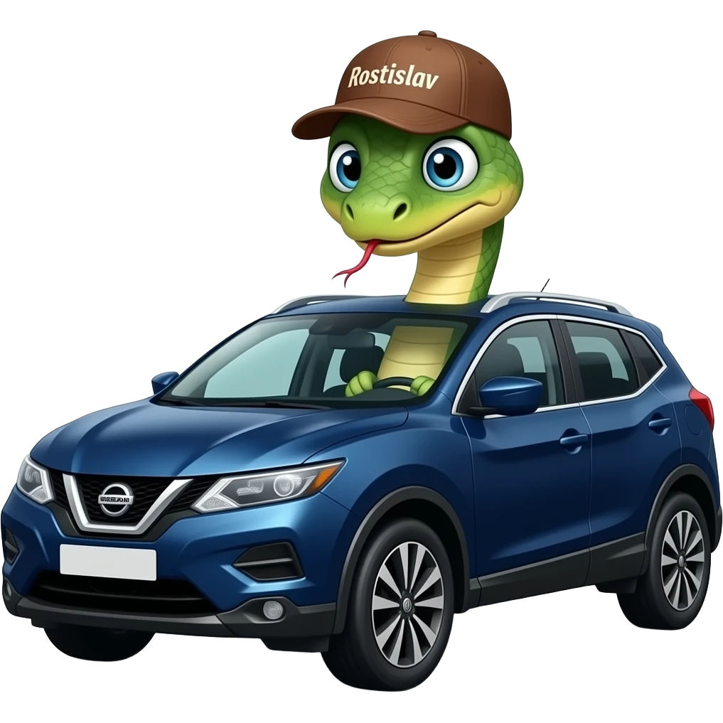 A snake in a cap with the inscription "Rostislav" is driving a dark blue Nissan Qashqai. emoji