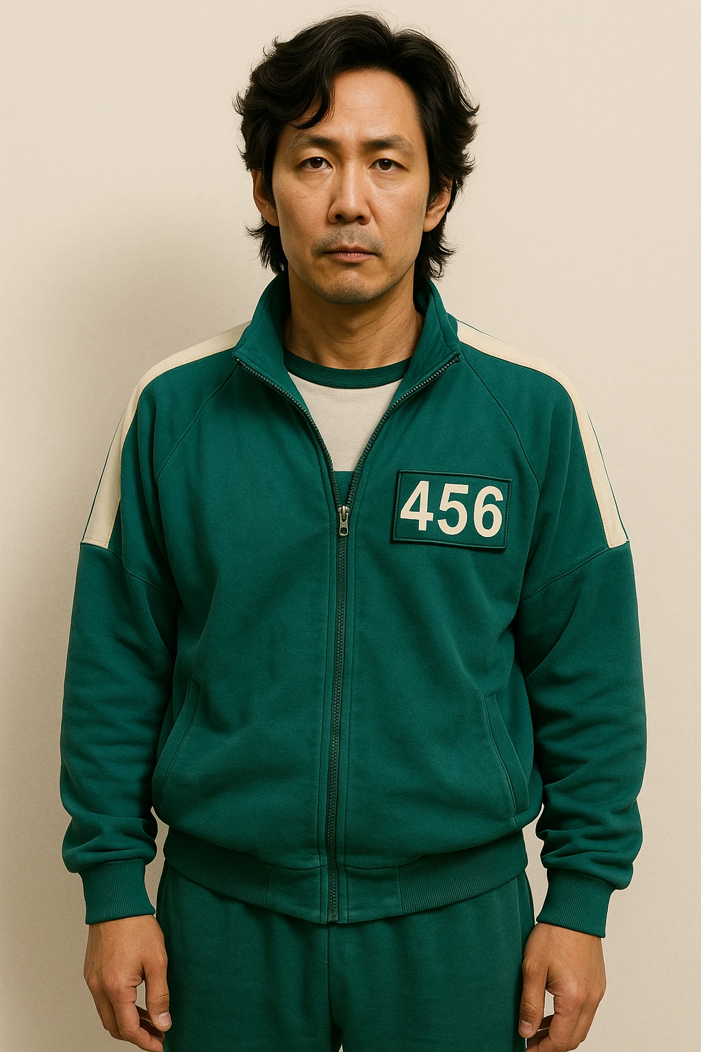 Player 456, Seong Gi-hun from Squid Game 3, wearing the green player team tracksuit, standing, neutral expression, simple background emoji