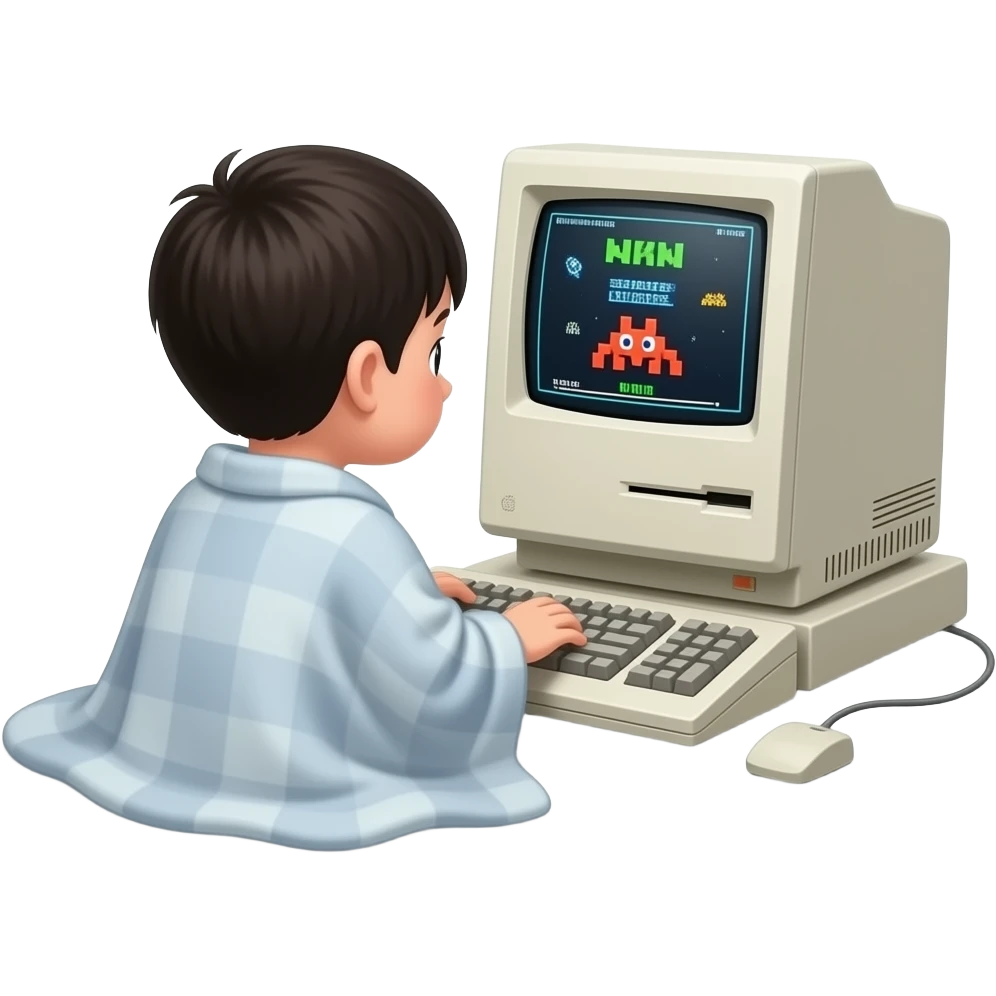 一个中国小男孩，披着一条毛毯，背对着一台 apple II 台式机在使用电脑，屏幕上是 space invader游戏 emoji