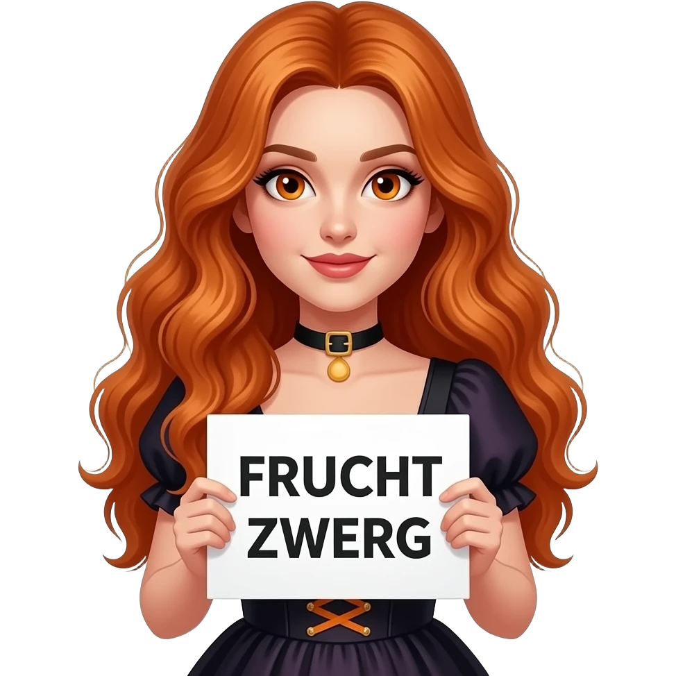 sexy girl with long wavy ginger hair and ginger eyes wearing a halloween dress is holding a white colored sign with FRUCHT ZWERG written on it emoji