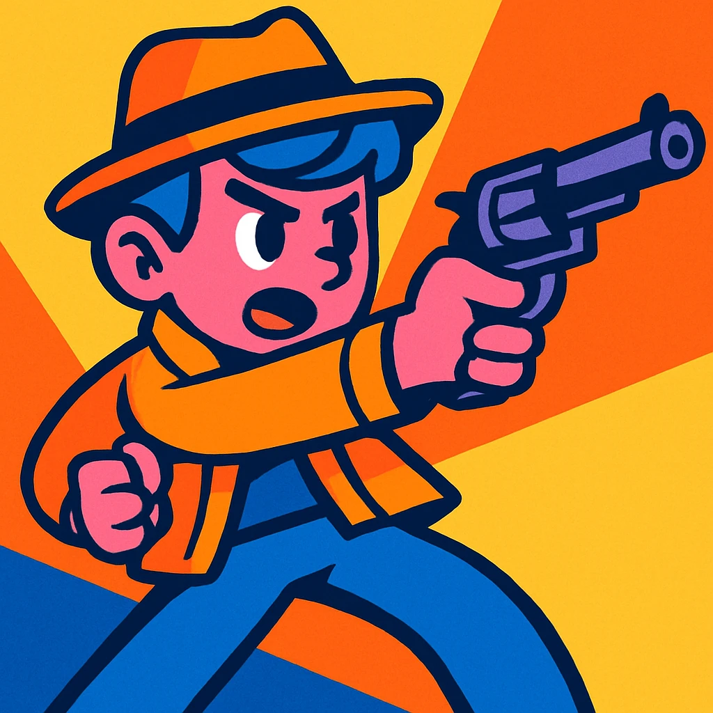 cartoon boy with pink skin and blue hair, wearing a stylish hat, aiming a gun, vibrant colors emoji