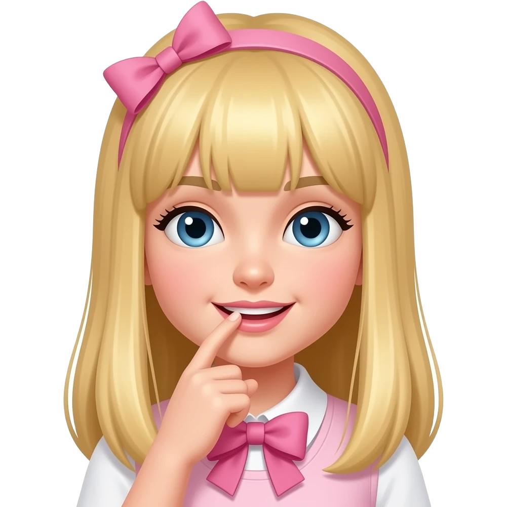 que se muerda el dedo la chica un poco mar realista el pelo rubio y largo lacio nariz perfecta y el lazo rosa emoji