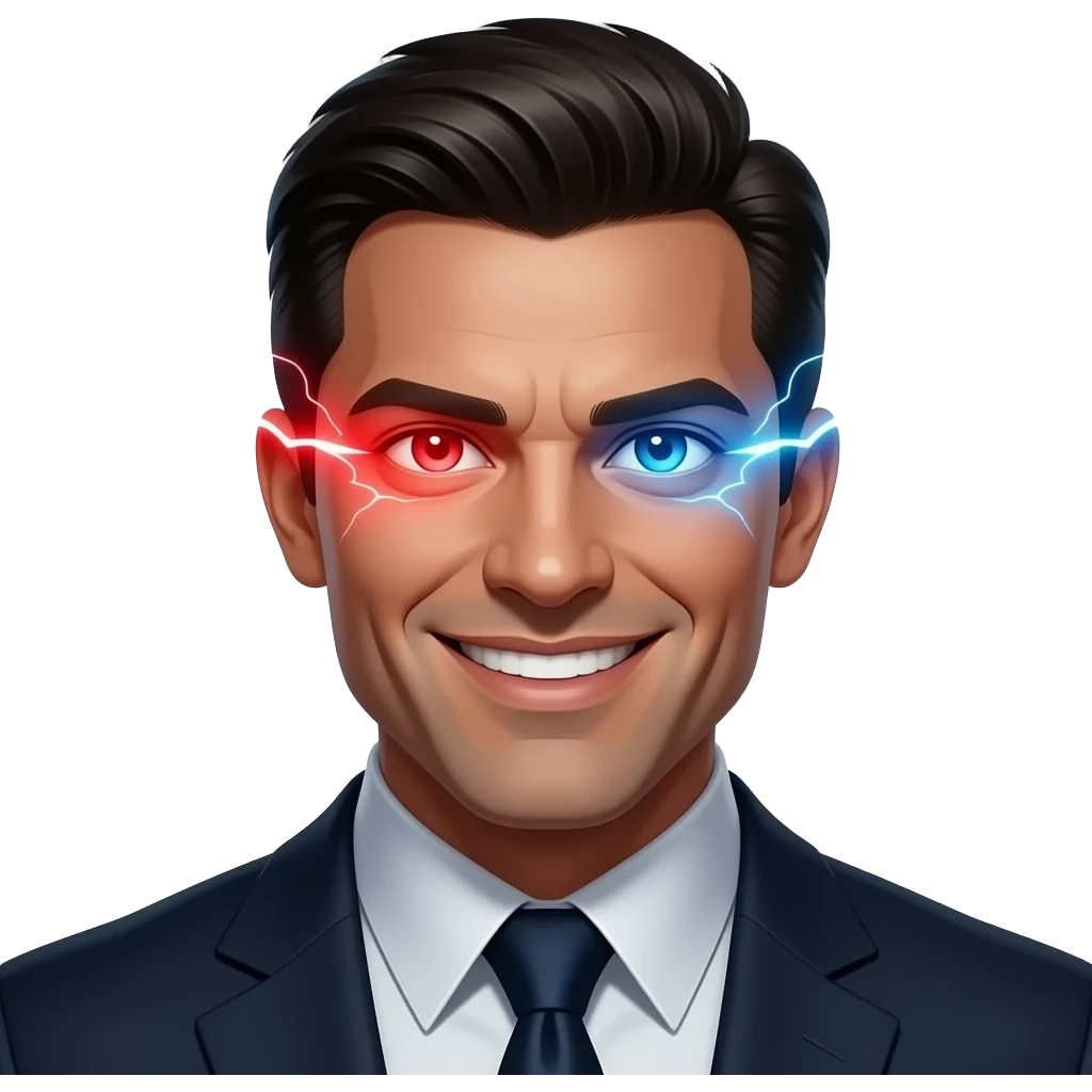A powerful emoji with a confident smirk, glowing red and electric blue eyes, subtle shadow aura, representing dominance and intelligence, sleek 3D emoji style, glossy finish, dramatic lighting, centered on a dark background, ultra clean, iconic, high detail emoji