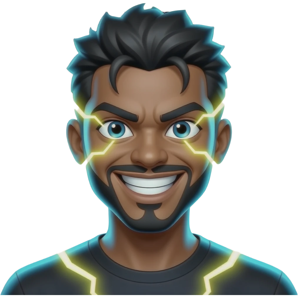 An intense emoji with glowing eyes, lightning bursting around it, wide confident grin, high energy expression, vibrant neon blue and yellow colors, smooth 3D emoji style, glossy texture, dynamic lighting, dark background, ultra detailed emoji