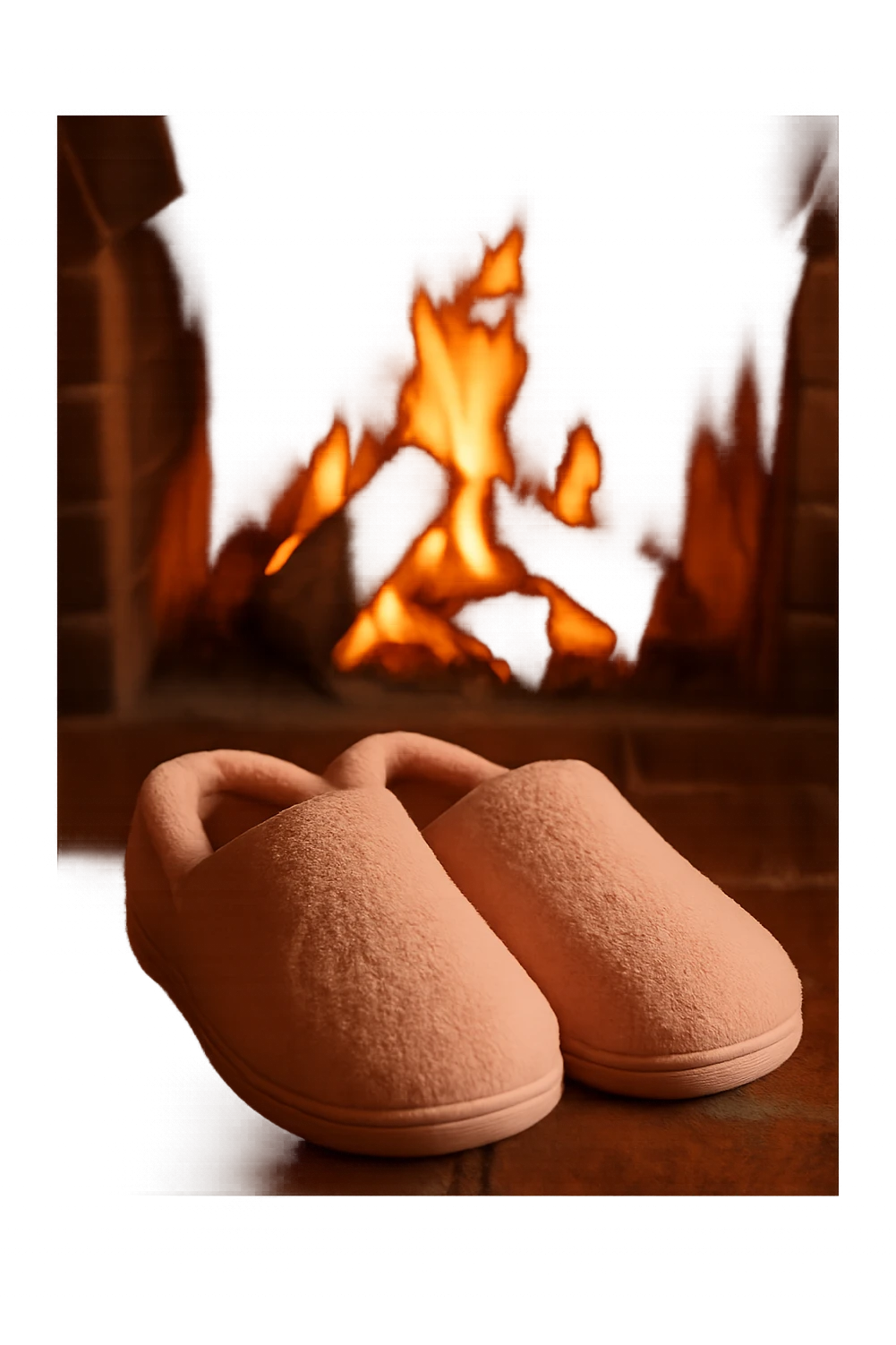 pink cozy slippers by a fireplace with warm glow emoji