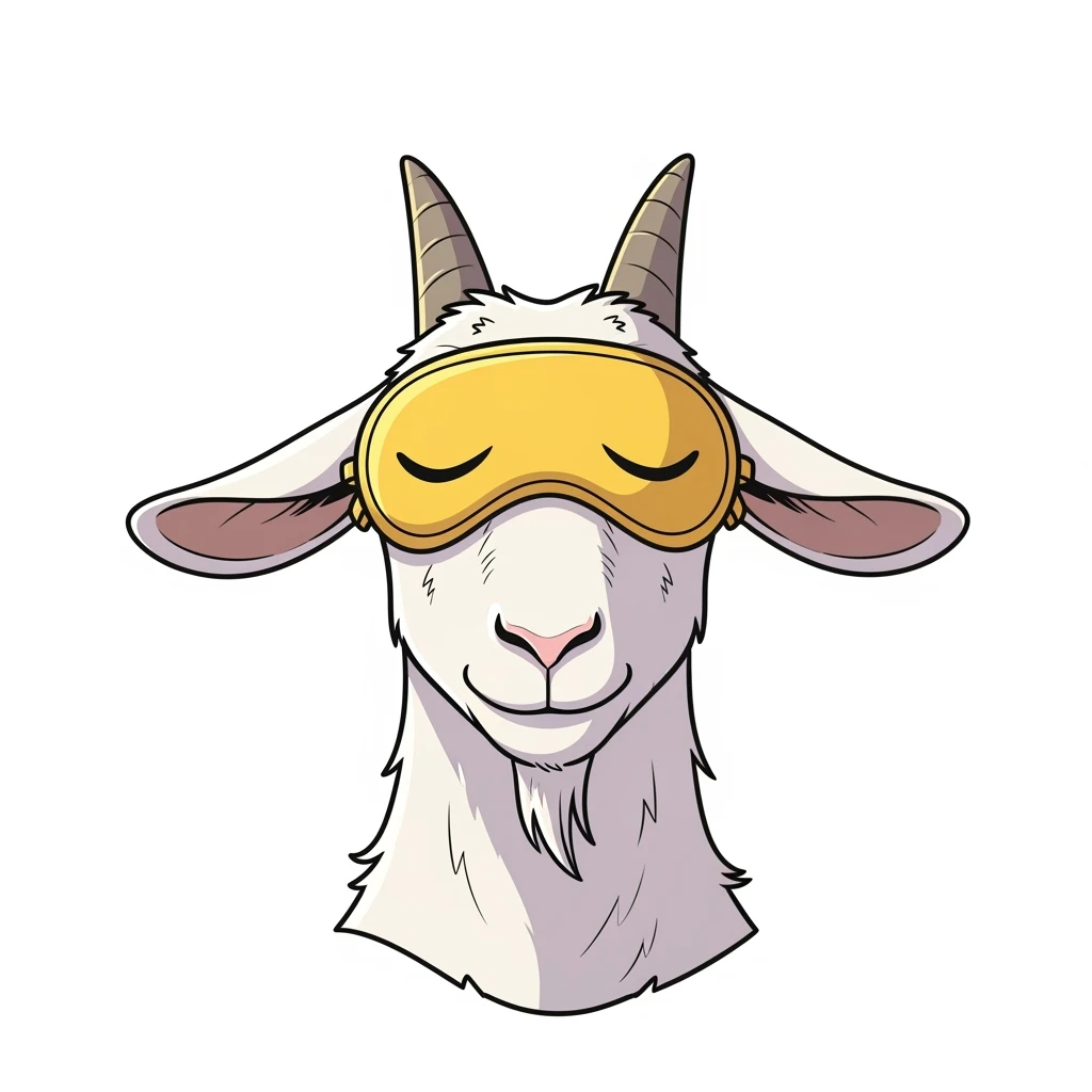 a goat with yellow sleep mask, front view,  Frontal Top-Down Soft Light, white background, portrait, casual cartoon stylized style art emoji