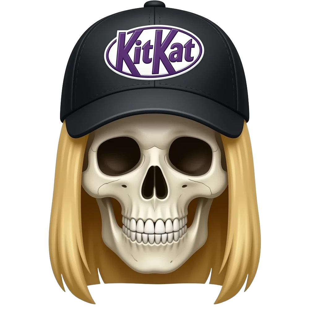 A skeleton head wearing a black baseball cap that says "KitKat" in purple lettering, white bordering, with long straight blonde hair emoji