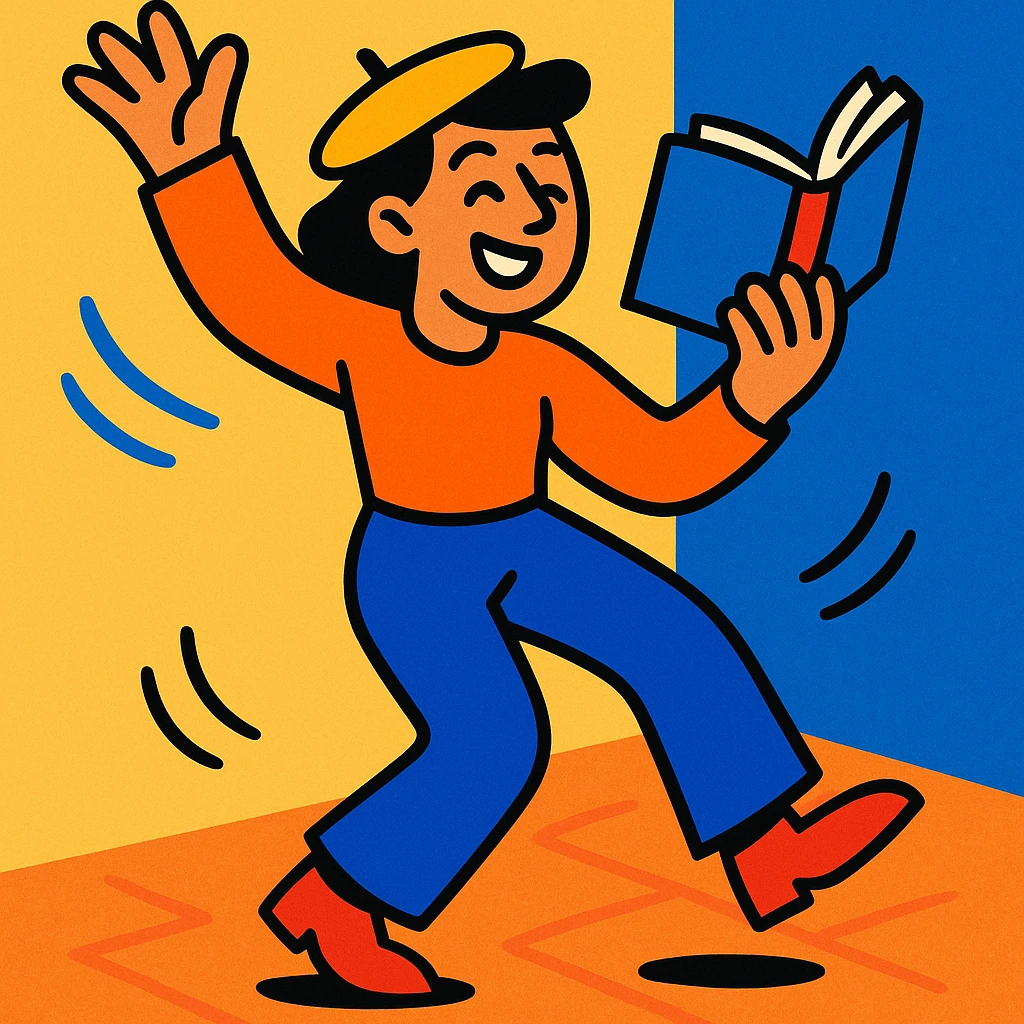 a person multitasking: dancing and reading a book at the same time, dynamic movement, book open, cheerful mood emoji