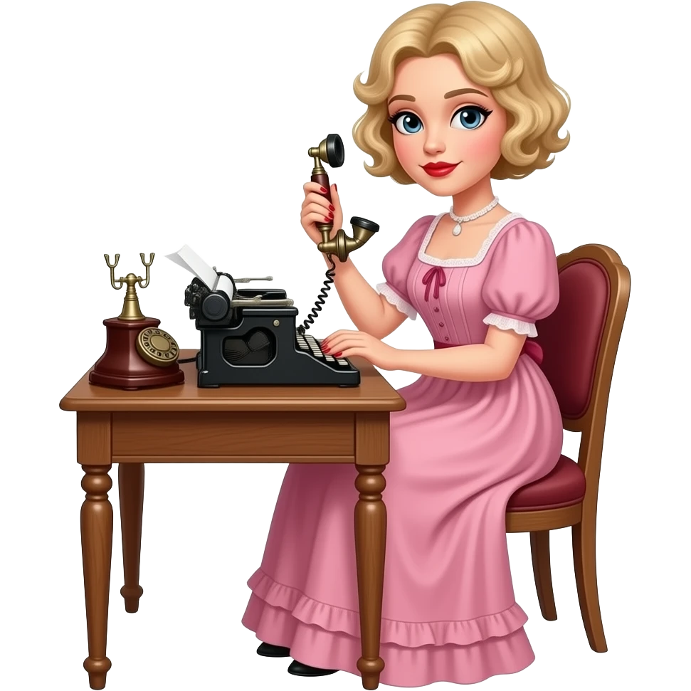 short blonde curly pixie bob hair in a 1800 pink outfit sitting down an antique desk with four wood legs, antique phone, and typing on an antique typewriter with red lipstick, red finger nails and in a Victorian setting emoji