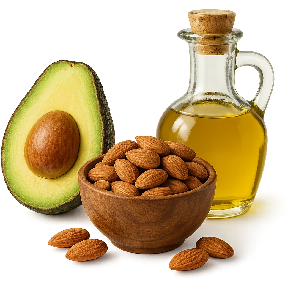 AVOCADO, BOWL DI MANDORLE E OLIO DI OLIVA, iperrealistico 4k, ISOLATA SU SFONDO BIANCO emoji