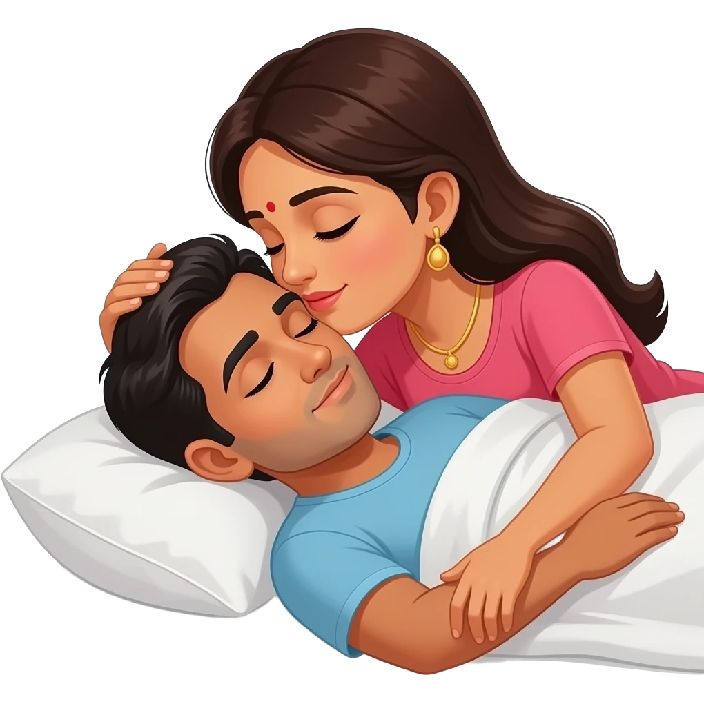 Wife kissing on forehead of sleeping husband lovingly Indian couple emoji