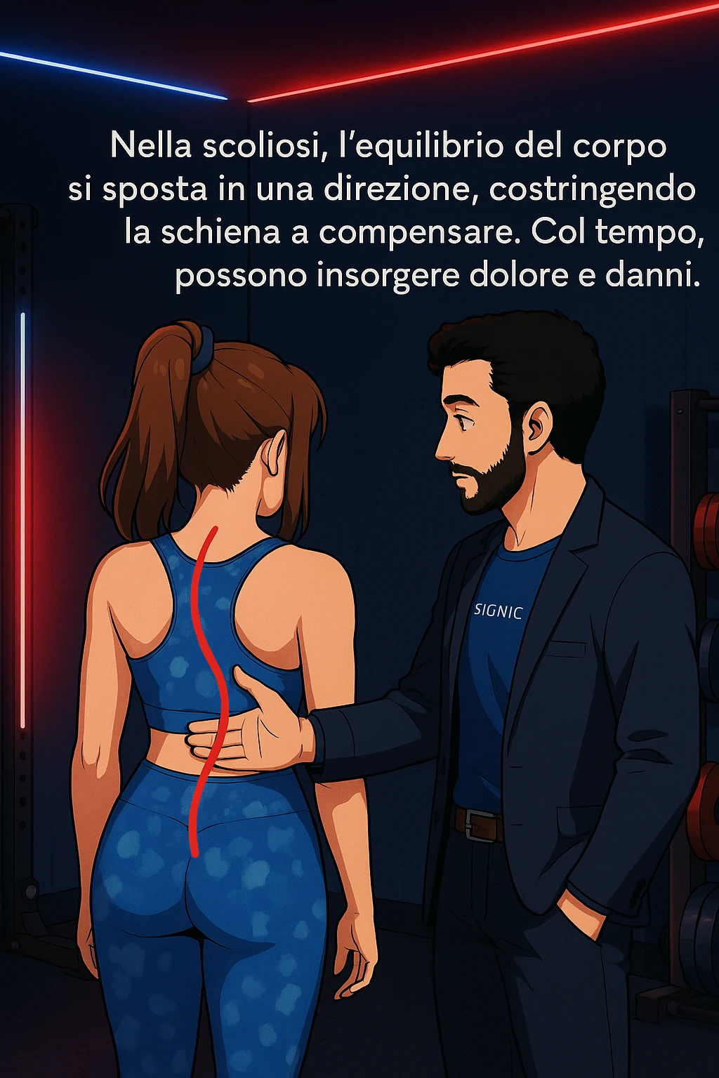 ispirati a questo stile di disegno e fai questa immagine in versione manga/webtoon a colori, il manga mostra la donna di spalle, mentre l'uomo le tocca la spina dorsale per spiegarle come funziona la scoliosi:
Con una scoliosi il baricentro corporeo cade maggiormente da un lato; per non cadere la schiena compensa accumulando tensione sul fianco opposto.
Il risultato? Si inclina e ruota sempre più, fino a che non cede (discopatie, artrosi, ecc) emoji