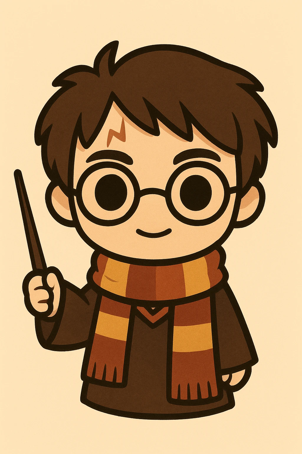 Illustration of Harry Potter in a cute, cartoon, and simplified style matching the previous hippogriff: boy with round glasses, scar on forehead, striped scarf, dark brown hair, and wand. Use bold black lines and soft colors. emoji