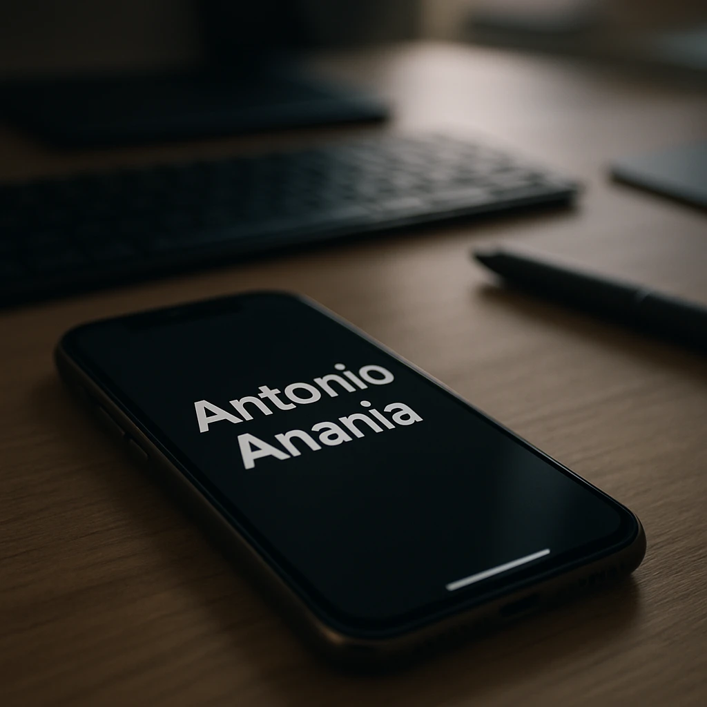 A photo of an iPhone with the message "Antonio Anania" on its screen, The phone sits atop a desk with a blurred background that suggests work environment. A faint glow from above casts gentle shadows across the surface of each object, creating depth and highlighting their textures. emoji