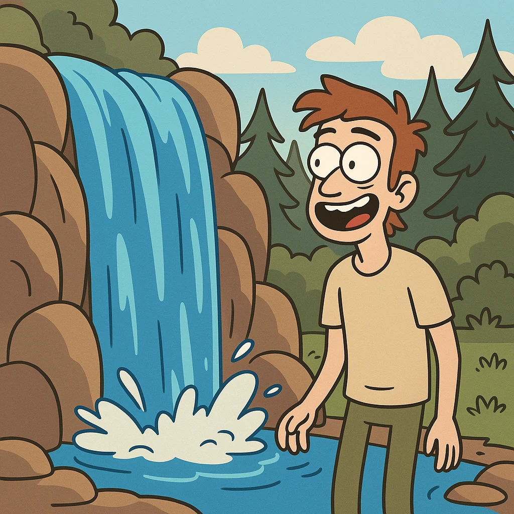 cartoon style waterfall with bright blue water and simple forest background emoji