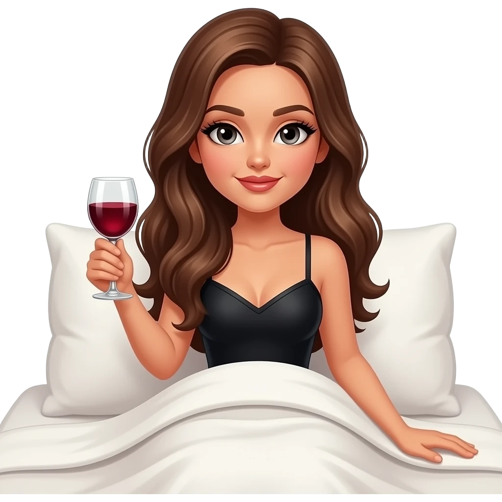 Girl with long brown hair in a black dress, sitting in bed under the covers, holding a wine glass. Heavy makeup and eyelashes .there is a pillos emoji