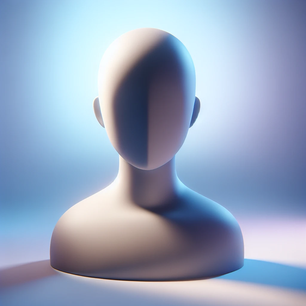 Minimalist 3D avatar, stylized human bust, smooth matte plastic texture, soft cinematic lighting, blue and purple gradient background, futuristic clean design, simple geometry, round shapes, subtle rim light, clay render style, modern digital illustration, octane render. emoji