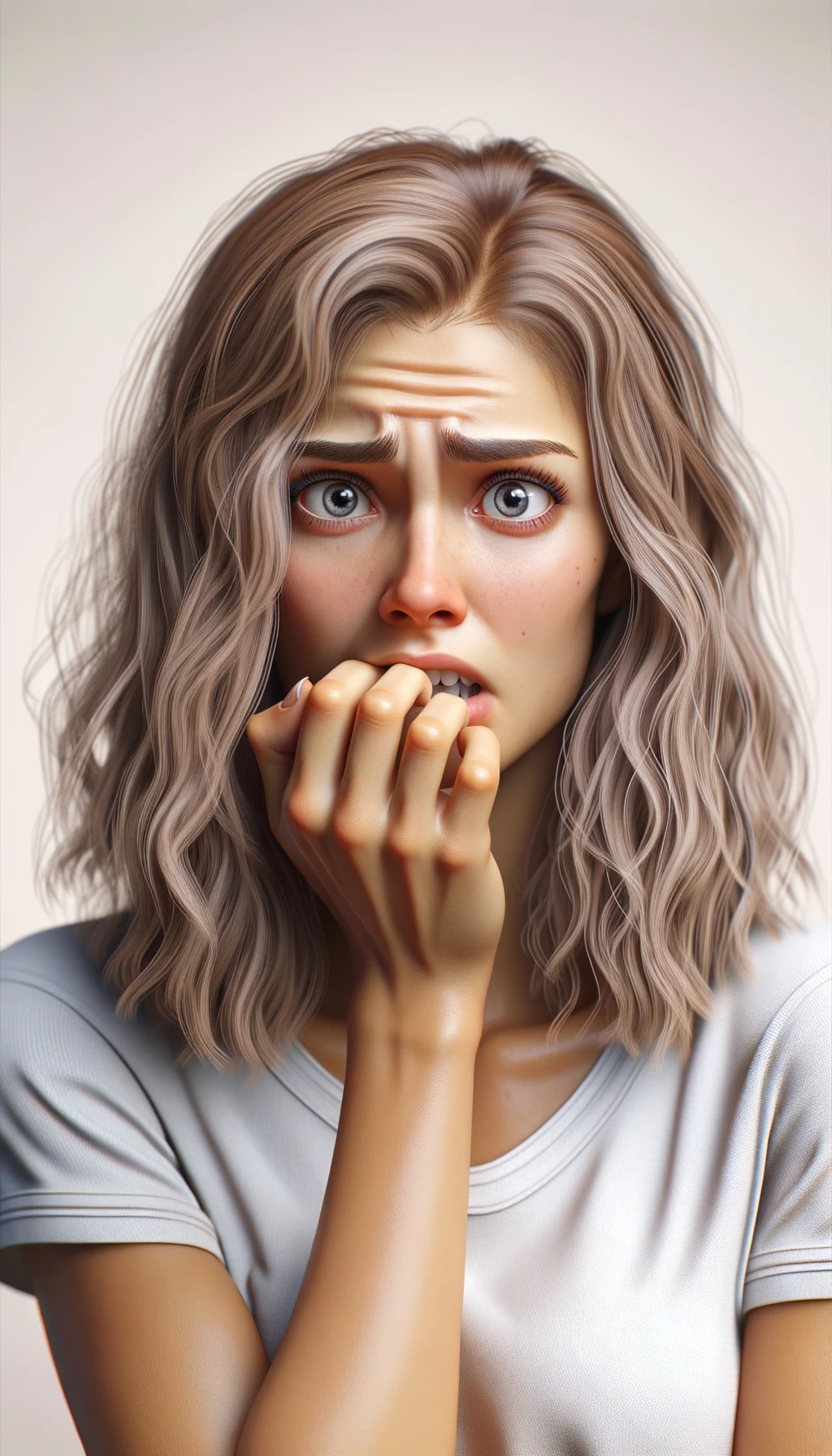 DONNA  che si mangia le unghie per il nervosismo, sfondo chiaro, iperrealistica 4k emoji