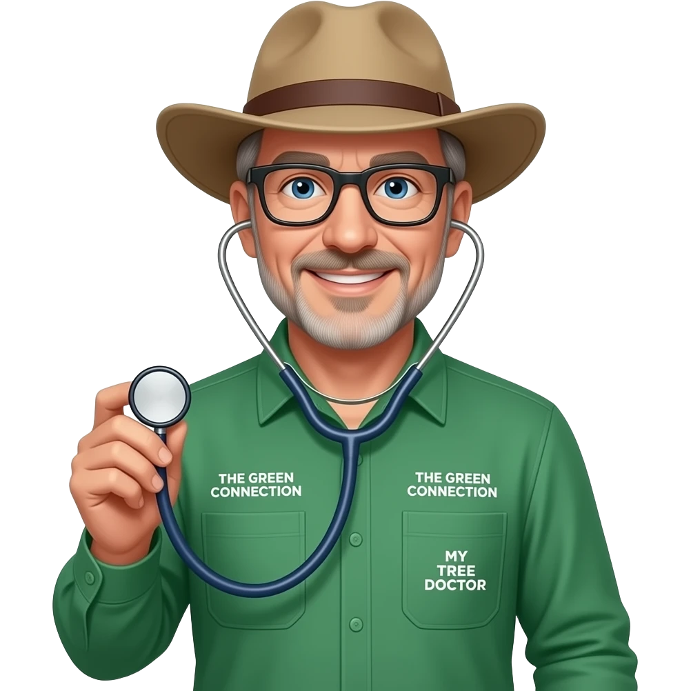 smiling middle-aged man blue eyes. Dark rectangle glasses, in green-collared, long-sleeve shirt.  Flatter wider-brim Australian Akubru hat. Holding a stethoscope. Insert 'THE GREEN CONNECTION' in white directly onto the left pocket & onto the right pocket, place only the words 'MY TREE DOCTOR' emoji