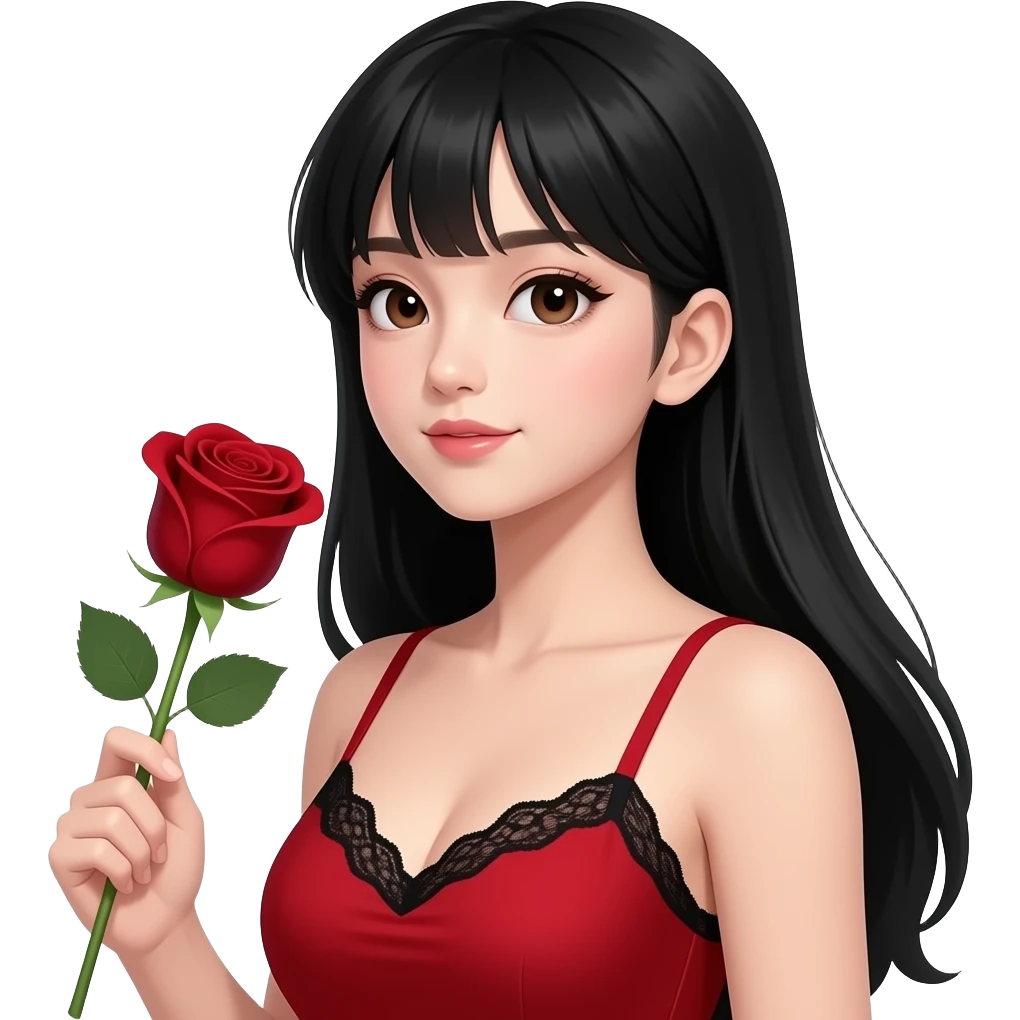 Asian girl with black long hair, pretty brown siren eyes, a red dress, thin strap, with the top of a black bra showing laced, make her look attractive  have her head tilted to the side holding a blood red color rose emoji
