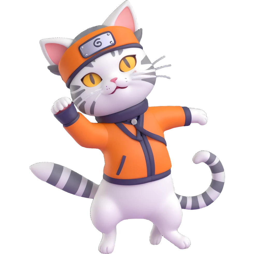 anime style cat dancing with a naruto headband, dynamic pose showing movement, no background emoji