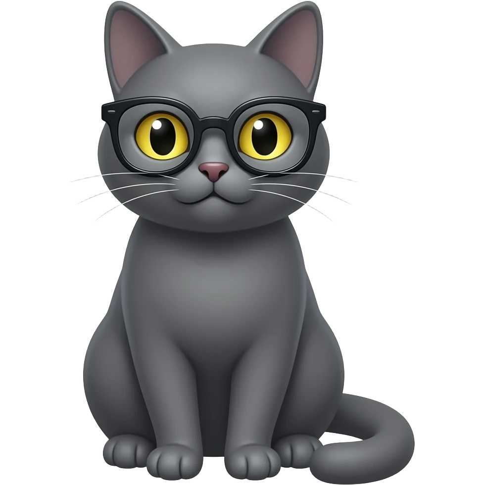 solid grey cat, yellow eyes, with reading glasses emoji