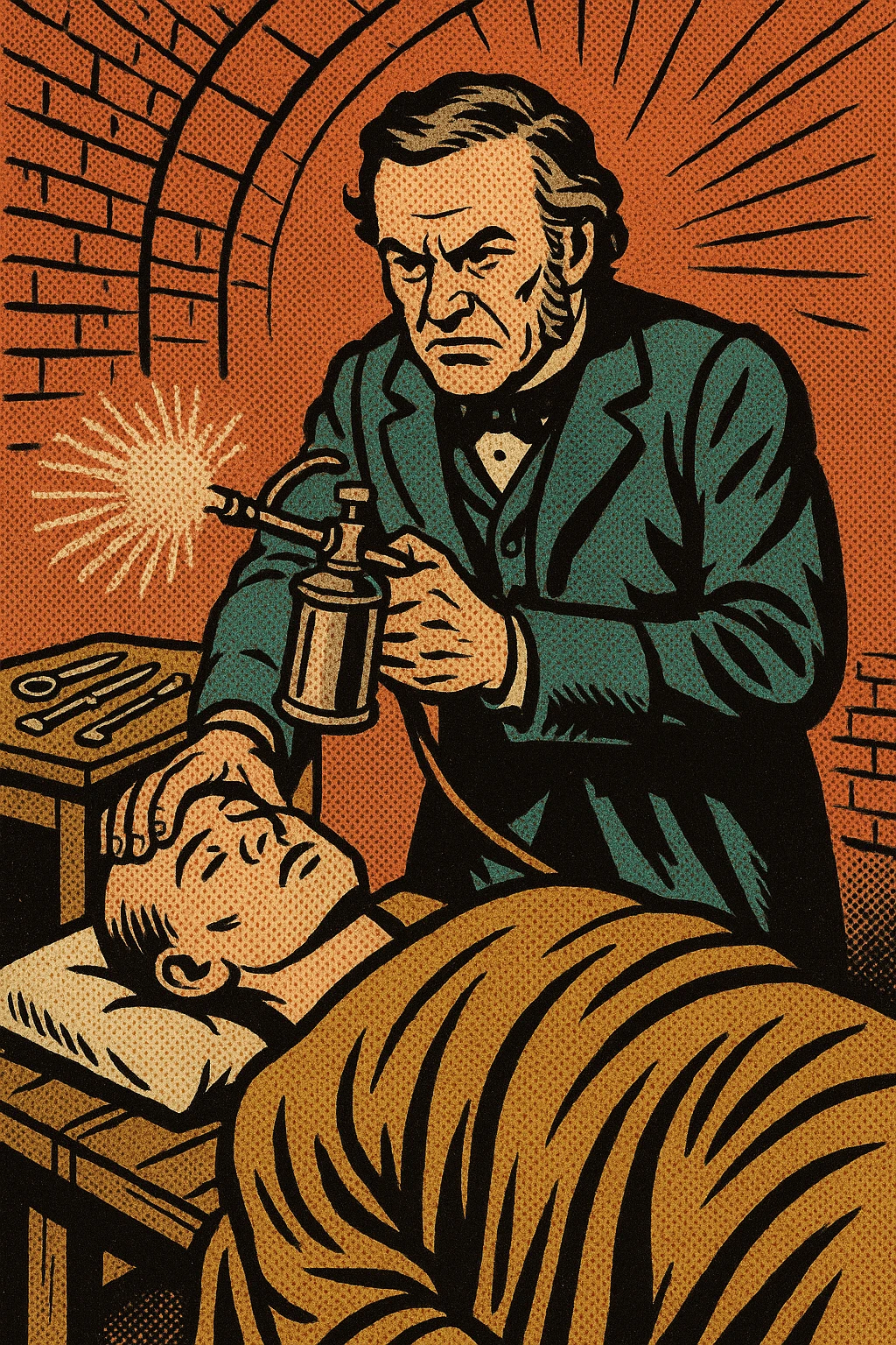 A victorian surgeon like Joseph Lister using a carbolic acid spray during an operation on a patient who is on a wooden operating table. There are surgical tools on a bench to the side and this takes place in a victorian operating room emoji