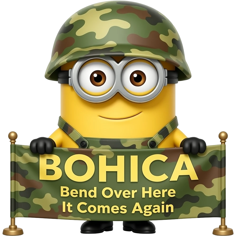 minion in army fatigues  text in banner BOHICA Bend Over Here It Comes Again emoji