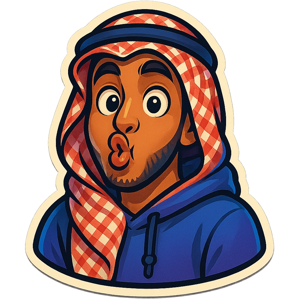 cartoonish, bold, vibrant emoji-style sticker of Ara, an Arab young man with medium brown skin, black hair, wearing casual urban Middle Eastern streetwear like a keffiyeh scarf or hoodie, making a silly fish face with puckered cheeks emoji