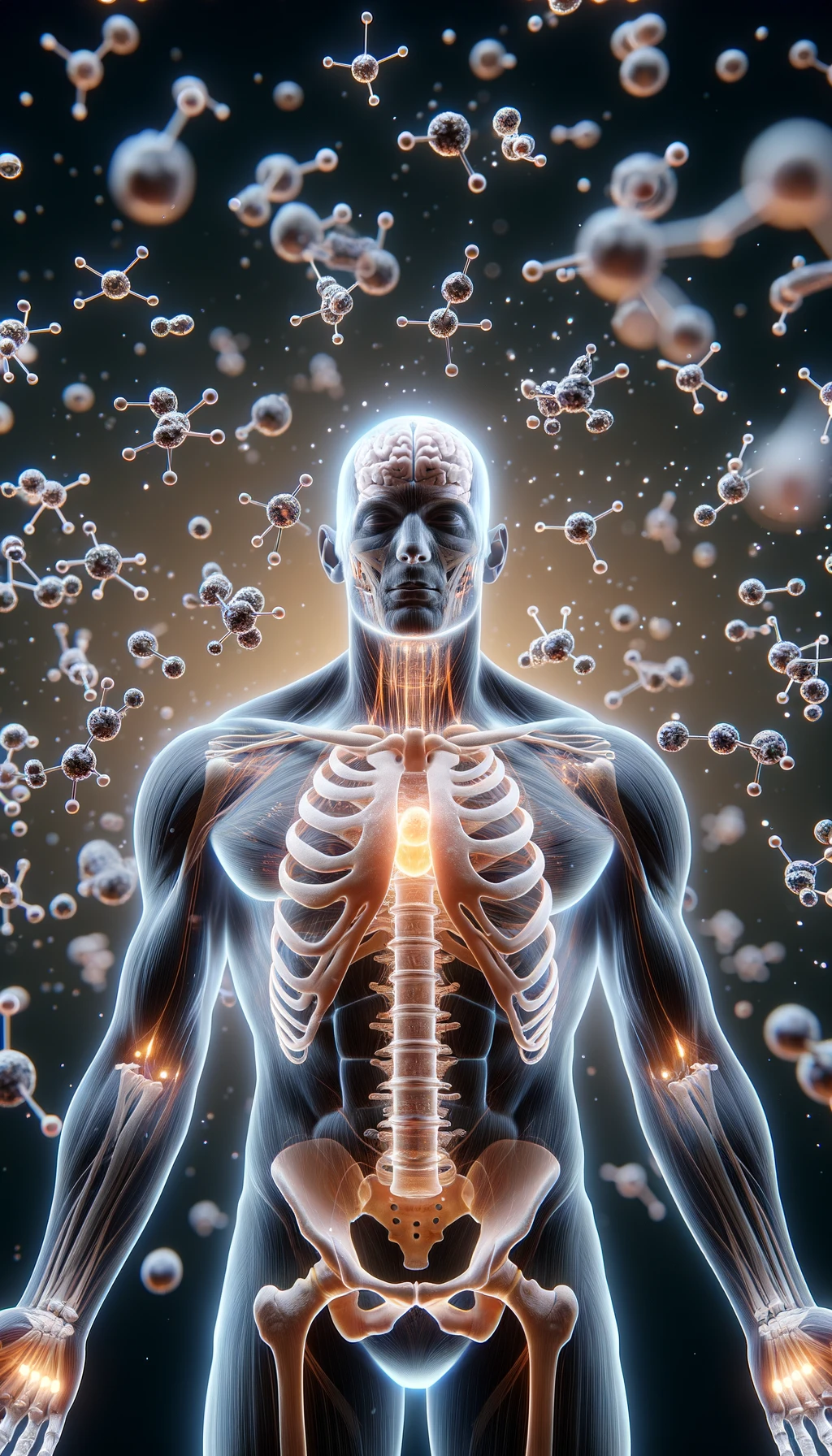 corpo umano anatomico circondato da molecole di dopamina che fluttuano in aria, iperrealistico 4k emoji