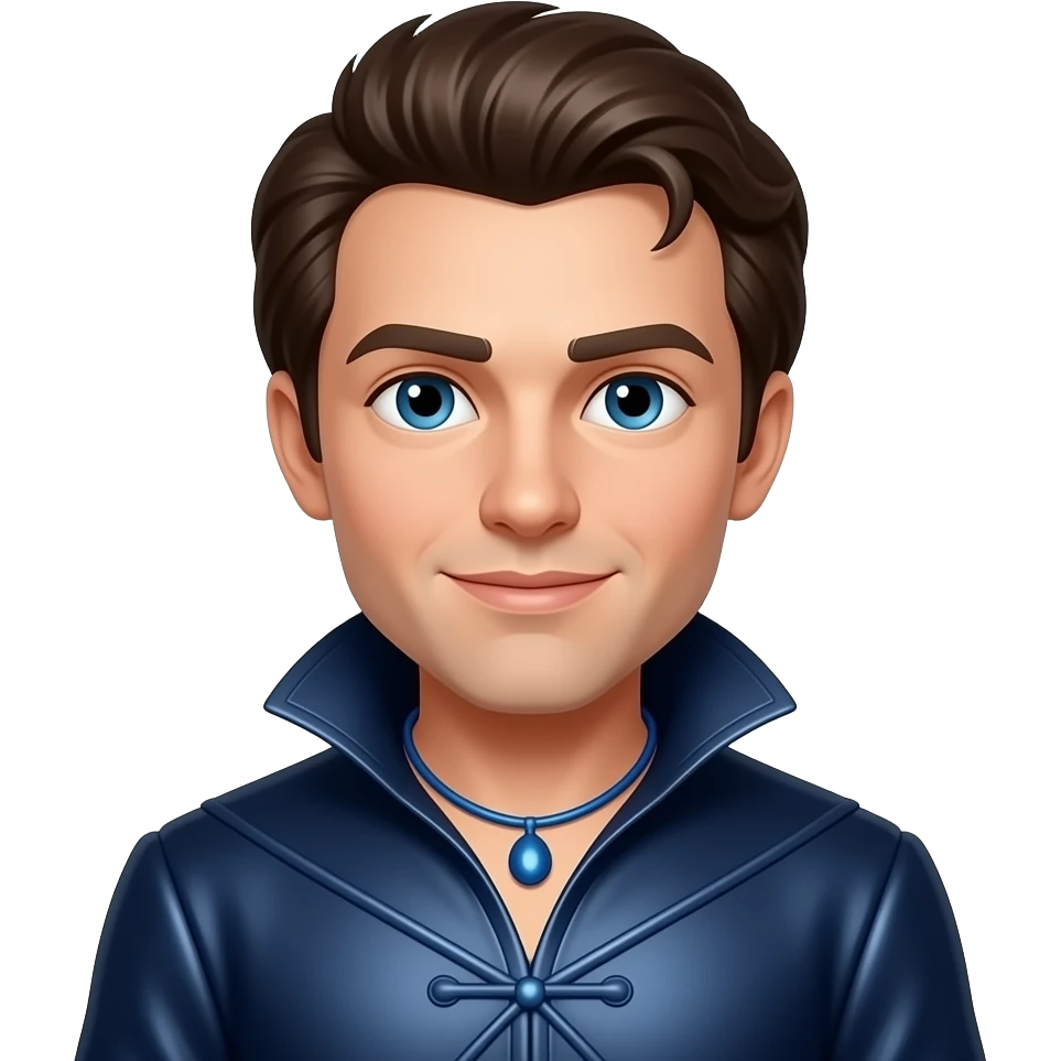 The Winkie Prince from The Wonderful Wizard of Oz with dark blue eyes, dark brown hair, dark blue metallic tunic, blue necklace emoji