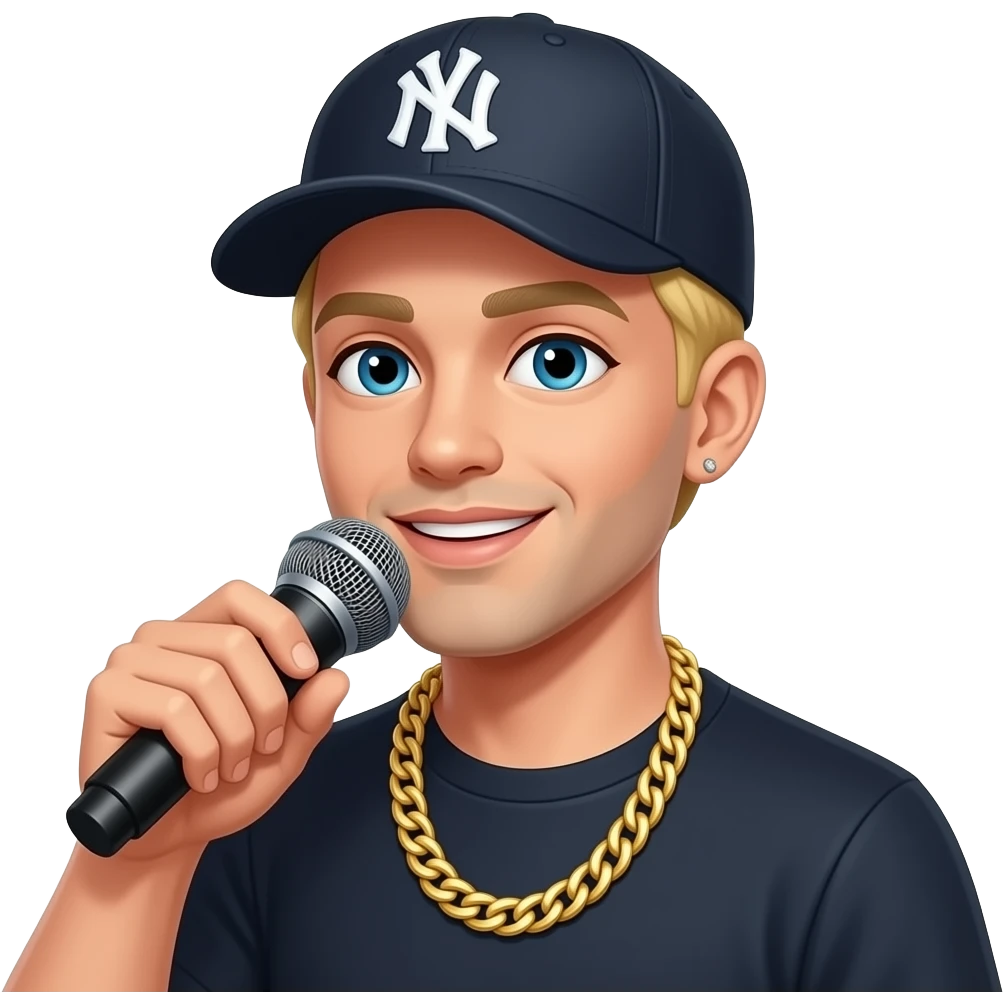 blond rapper holding a mic, wearing a cap and gold chain necklae emoji