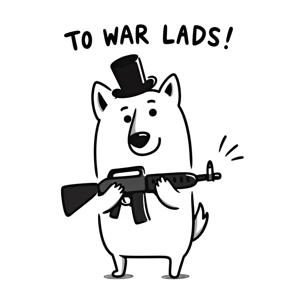 doge with a tophat and minigun, hand-drawn doodle style, 'TO WAR LADS!' in handwritten text emoji
