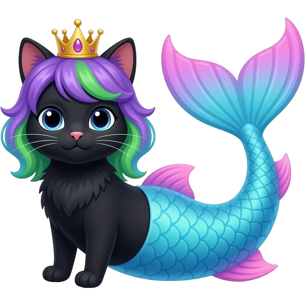 A black cat purple and green hair wearing a crown with very long #B8FFFF mermaid tail with pink fins  in cartoon style emoji